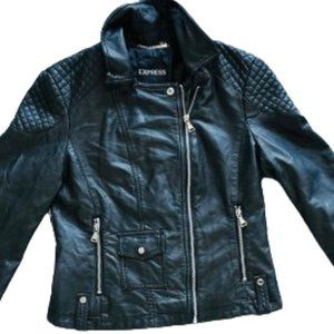 Express Black Race Faux Leather Jacket Women Small Quilted Accents Chrome Zipper